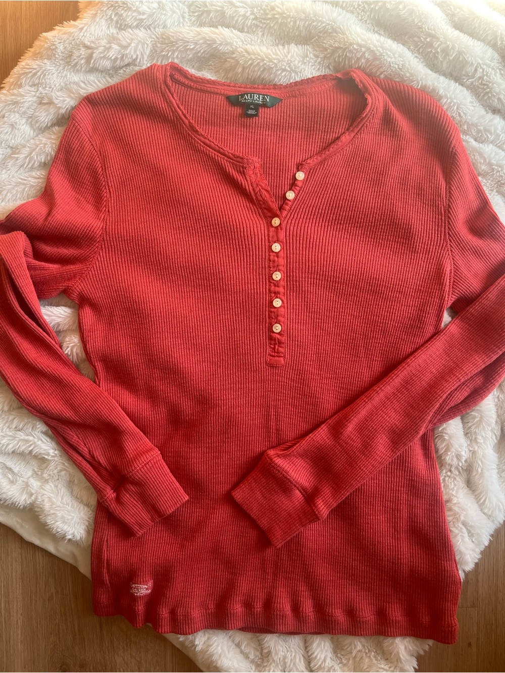 Vintage Ralph Lauren Coral-Red Ribbed Henley Long Sleeve Top